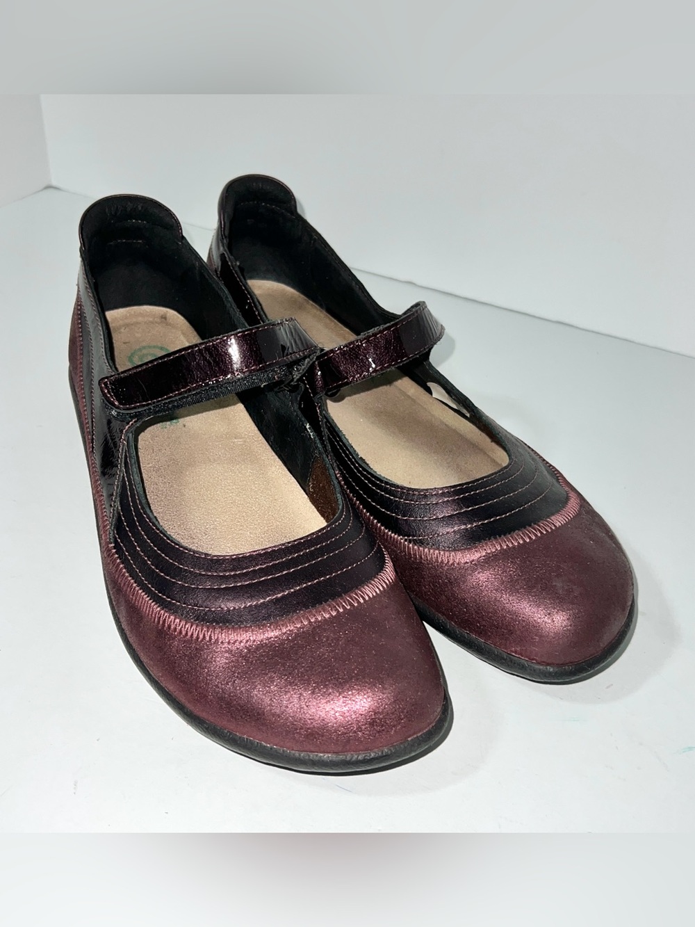 Naot Kirei Metallic Burgundy Leather Mary Jane Flats Comfort Shoes Sz 10.5-11